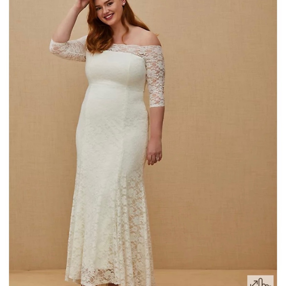 Ivory lace off shoulder fit & flare wedding dress